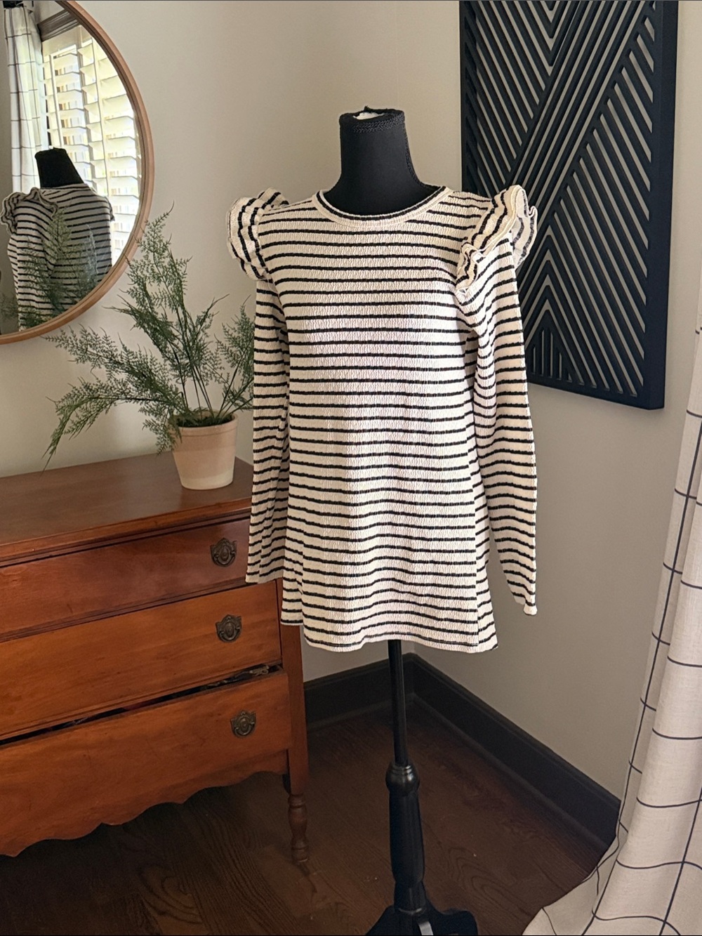 Striped Ruffle Shoulder Sweater - Black & Cream